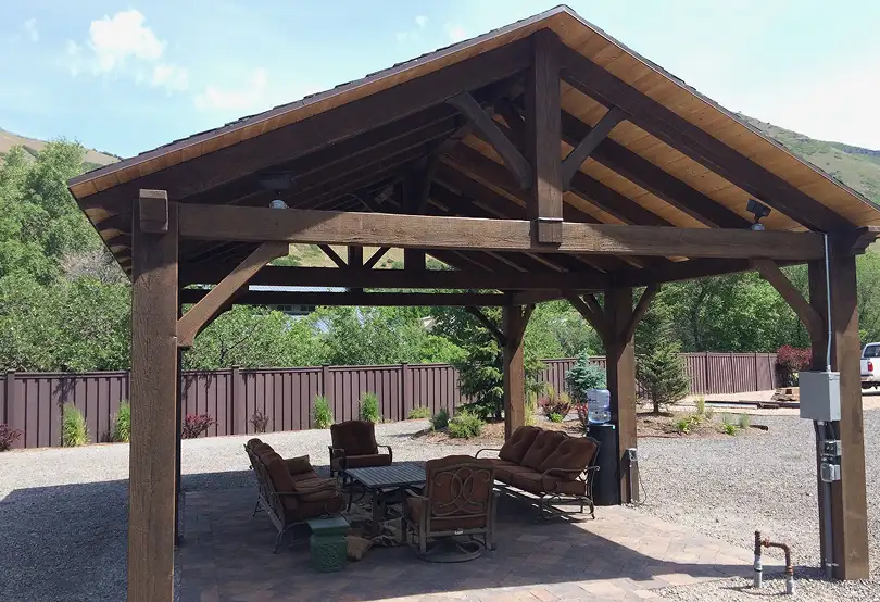 Custom timber frame pavilion design in Murray, Utah, showcasing outdoor living space.