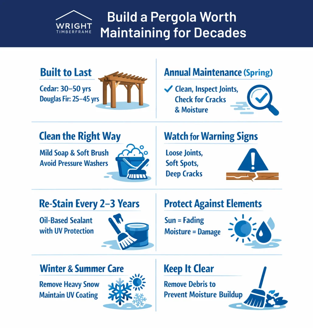 Timber pergola maintenance guide with checklist and cleaning tips from Wright Timberframe in Murray, Utah.