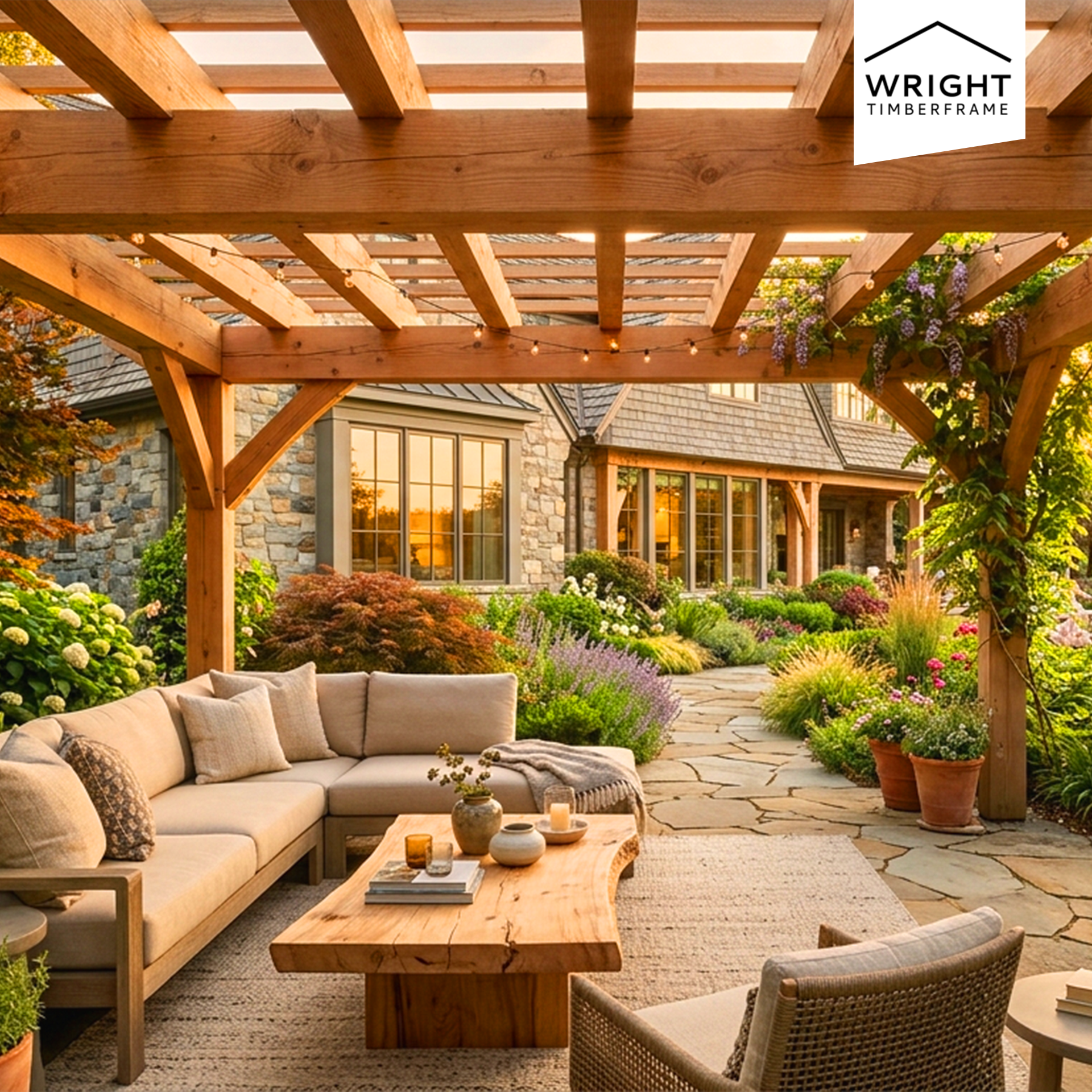 Pergola vs gazebo comparison featuring a timber pergola with cozy seating, landscaped patio, and open-beam roof design.