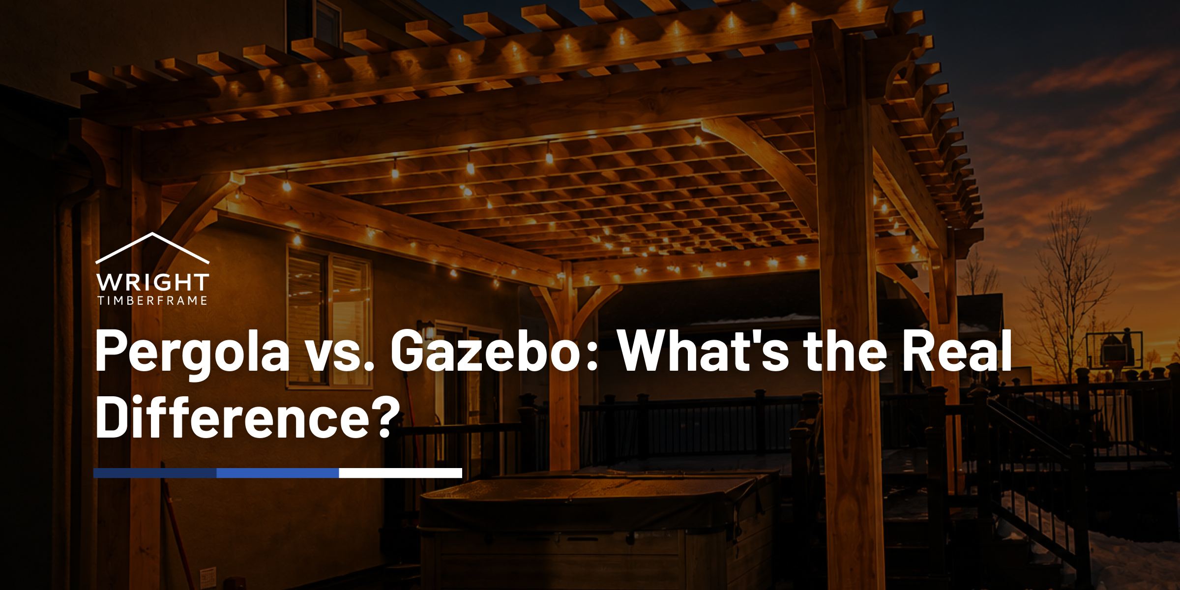 Wooden backyard pergola with string lights at dusk, illustrating pergola vs gazebo for outdoor living comparisons.