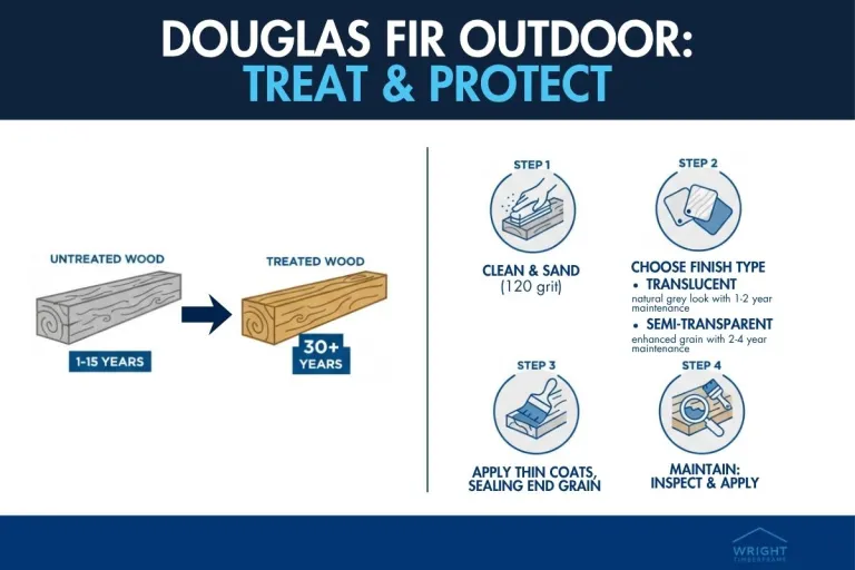 How long do wood pergolas last? Douglas Fir treatment steps showing how proper finishing helps extend pergola lifespan.