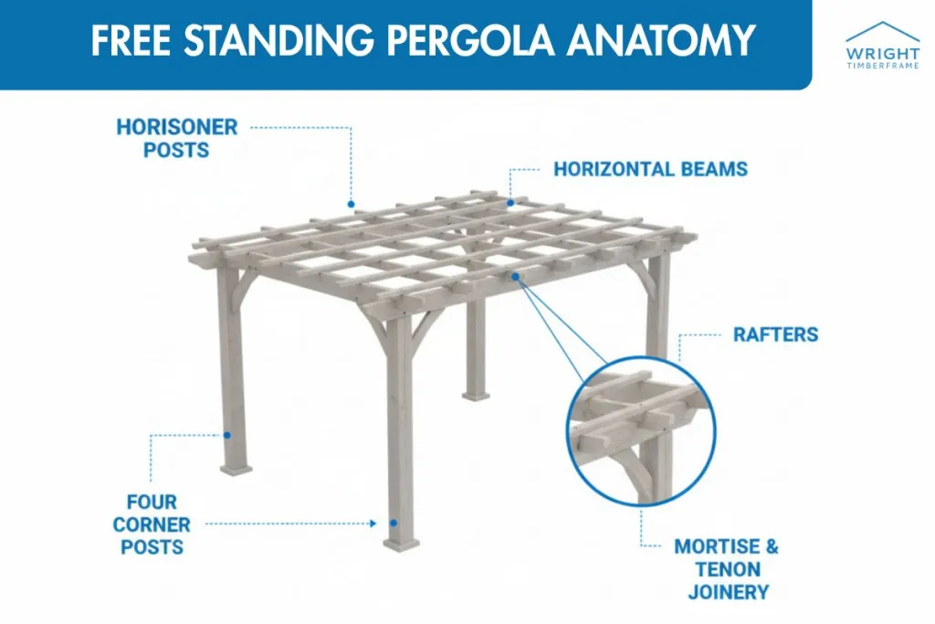 Pergola vs gazebo diagram labeling posts, beams, rafters, and mortise-and-tenon joinery in a timber pergola design.