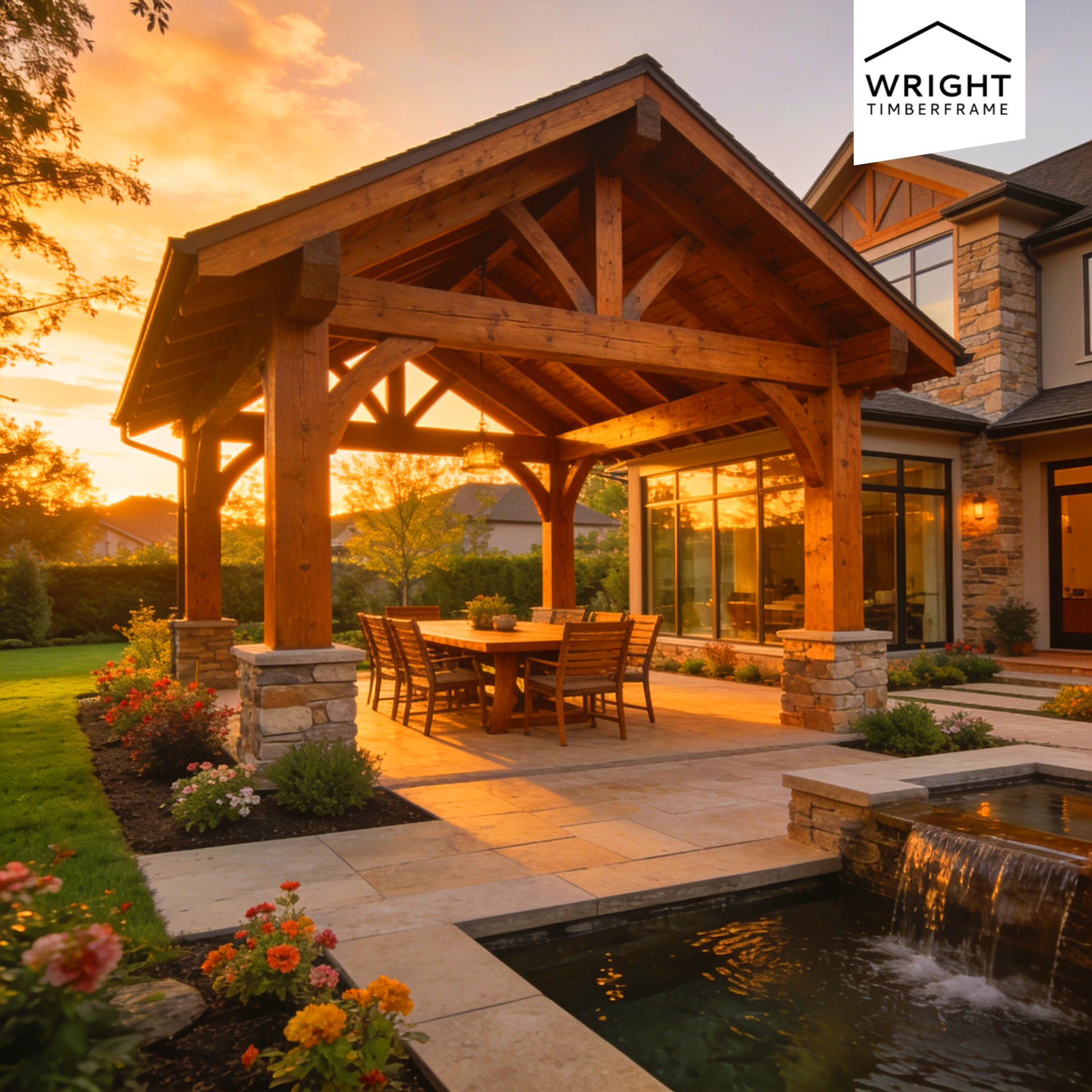 Pavilion vs. Sunroom comparison featuring a custom timber frame pavilion beside a modern home at sunset.