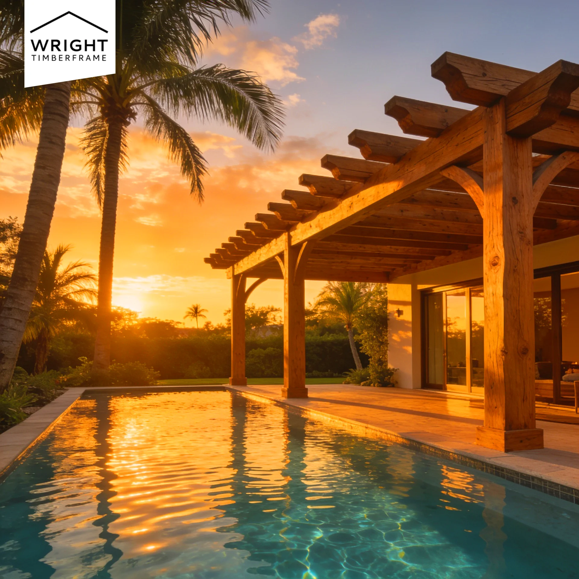 Wooden poolside pergola at sunset shows how much shade does a pergola provide for an outdoor living area.